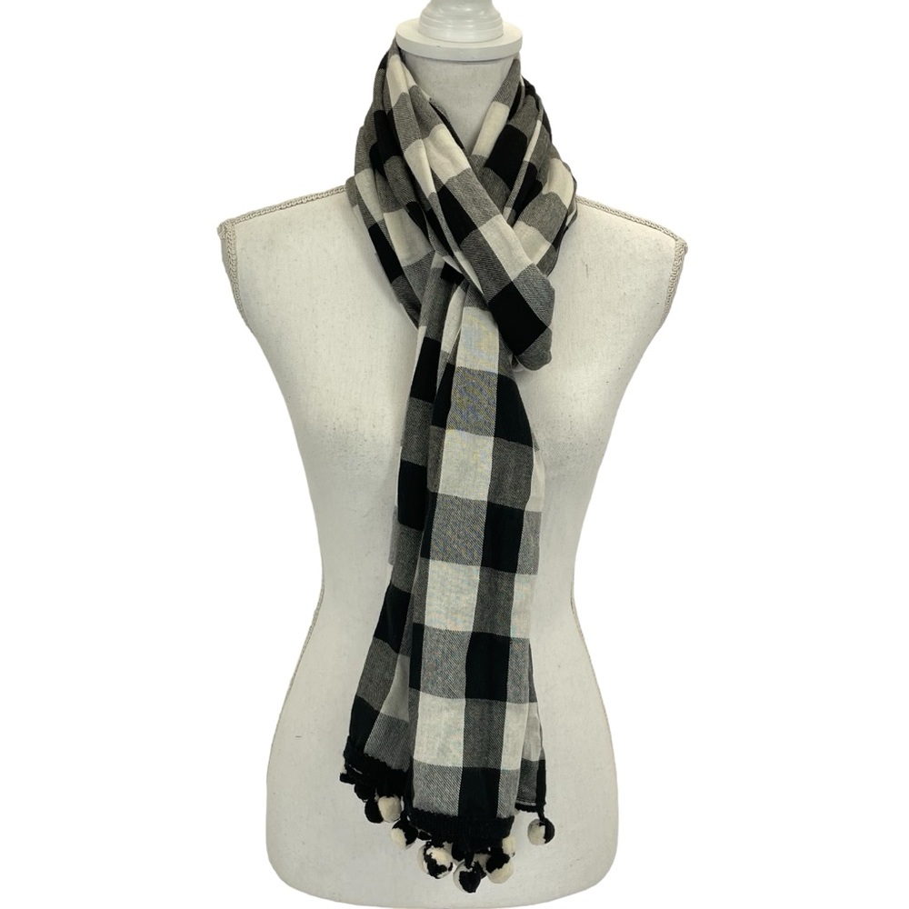 Talbots Scarf Wrap Plaid with Pompoms OS Black & White